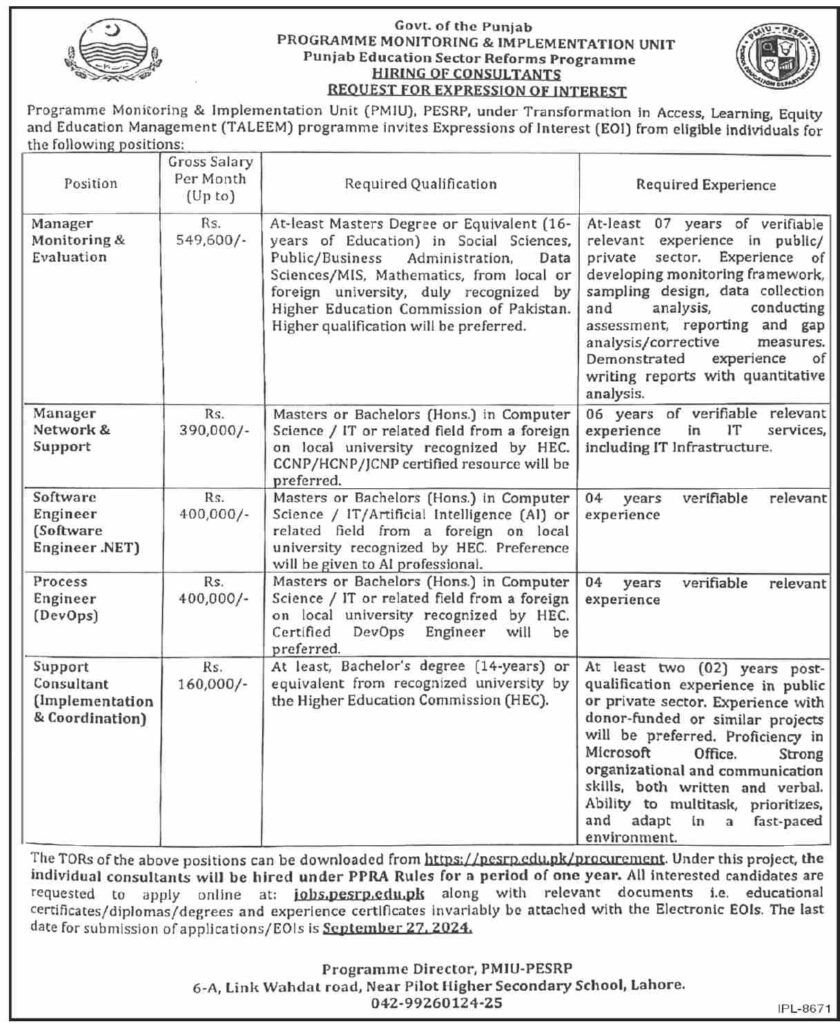 Program Monitoring & Implementation Unit (PMIU) job opportunities