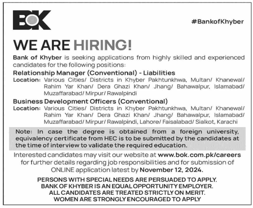Bank of Khyber (BOK) Job Opportunities