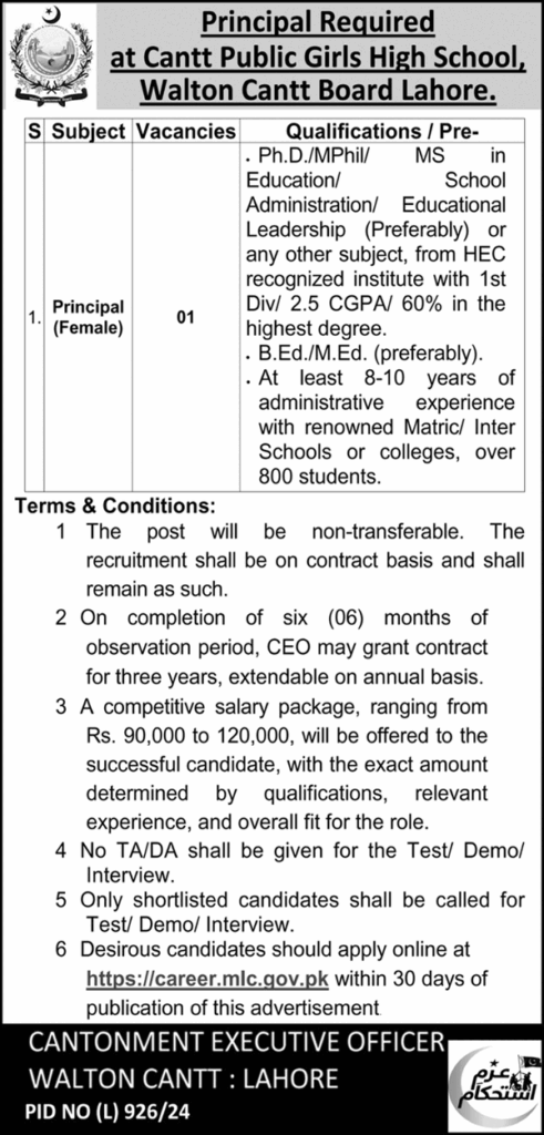 Latest Cantt Public Girls High School Education Posts Lahore 2024