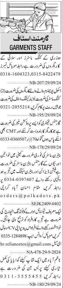 Latest Garment Factory Management Posts Karachi 2024