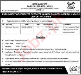 Latest Sindh Rangers Hospital Computer Posts Karachi 2024