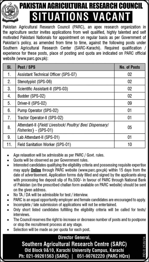 Pakistan Agricultural Research Council Job Opportunities