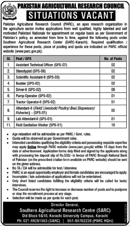 Latest Pakistan Agriculture Research Council Management Posts Karachi 2024
