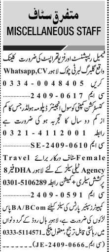 Receptionist, Civil Engineer, and Sales Staff Job Opportunities