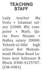 Teaching Staff Jobs in Private School Lahore