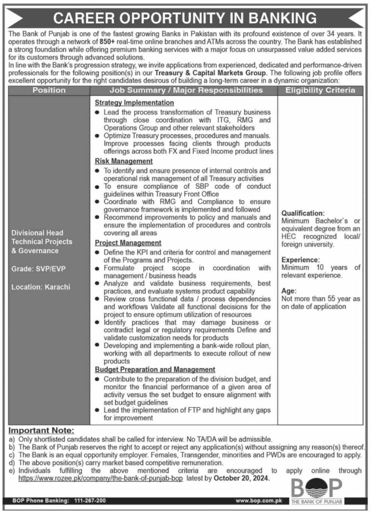 Latest Bank of Punjab (BOP) Job Openings in Karachi 2024