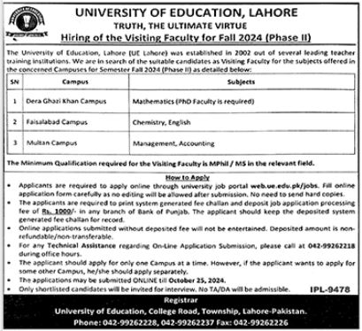 University of Education Lahore Job Opportunities