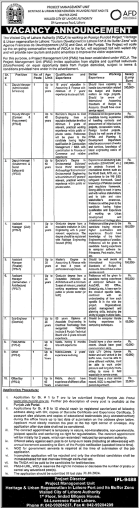 Walled City of Lahore Authority (WCLA) Job Opportunity