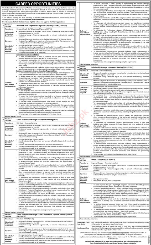 Latest National Bank of Pakistan NBP Management Posts Islamabad 2024