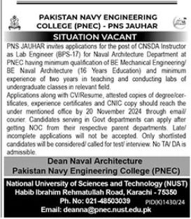 Pakistan Navy Engineering College Karachi Job 2024