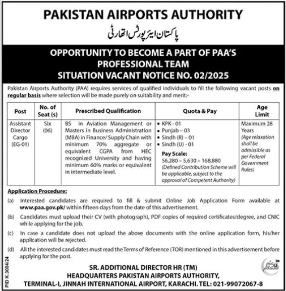 Latest Pakistan Airports Authority PAA Management Posts Karachi 2025